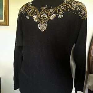 Vintage Gold & Silver Beaded Black Embellished Sweater